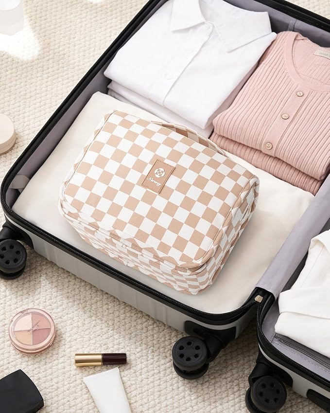 Narwey Small Hanging Travel Toiletry Bag for Traveling Women, Checkered Travel Bag for Toiletries, Makeup Bag Organizer Make Up Cosmetic Bags (Light Brown Checkerboard)