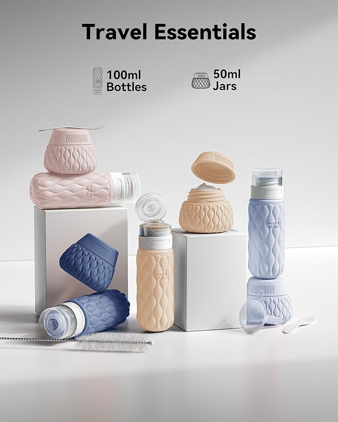 Silicone Travel Bottles for Toiletries 8 Pack Travel Size Toiletries 3.4 oz 1.7 oz, Leakproof Squeeze Travel Size Containers Refillable Cosmetic Jars Set for Shampoo, Conditioner, Creams