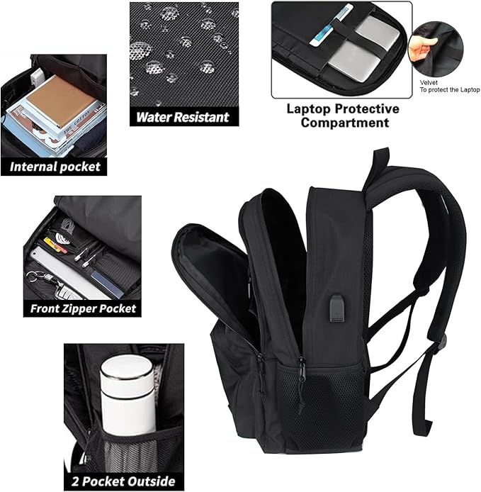 KEOFID Travel backpack for Men and Women, Anti Theft Laptop Backpack with USB Charging Port for Work, Large Bag for College, BLACK BOOK BAG FOR BOYS, GILRS Backpack,Water Resistent(Black)
