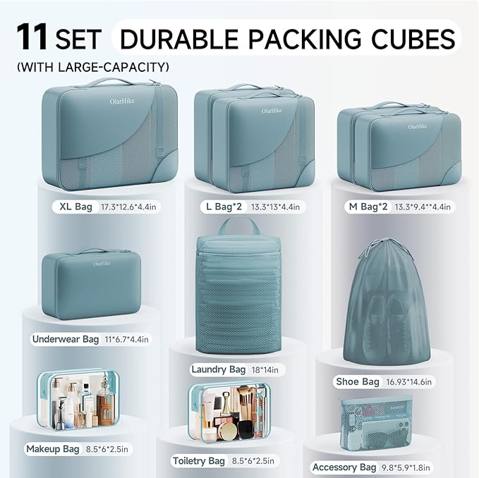 11 Set Packing Cubes for Travel, Gifts for Women Mom Kids, TSA Approved Bags for Makeup, Cosmetic, Toiletry, Suitcase Organizers for Checked Luggage, Cruise Essentials, Airplane Accessories, Blue-Gray