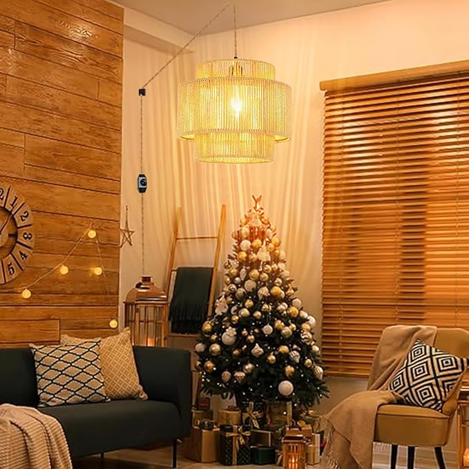 QIYIZM Plug in Pendant Light Hanging Lights with Plug in Cord Boho Hanging Lamp Dimmable,Rattan Wicker Woven Bamboo Lamp Shade, Plug in Ceiling Light Fixture for Living Room Bedroom Kitchen