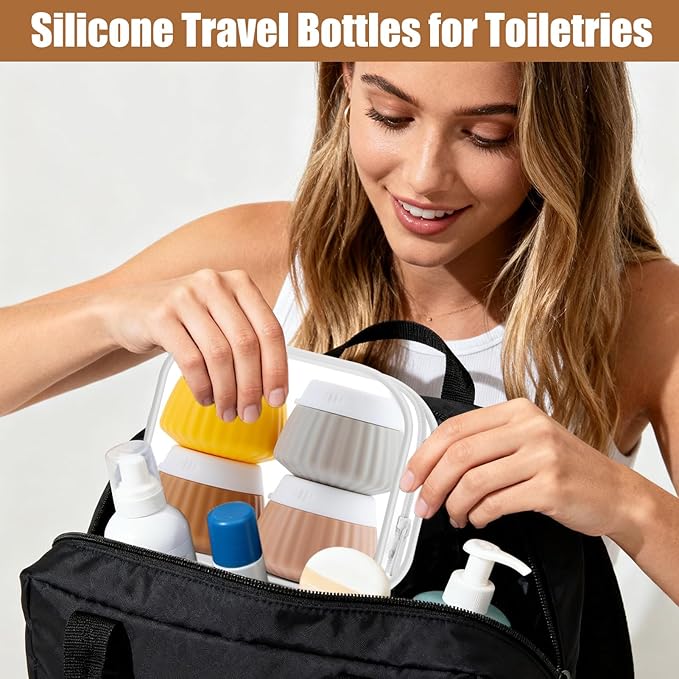 4 Pack Travel Size Silicone Cream Containers, Leak Proof Refillable Toiletry Bottles for Toiletries with 4 Scoops, Labels and Clear Bag, Suitable for Travel Shampoo and Conditioner Bottles (B)