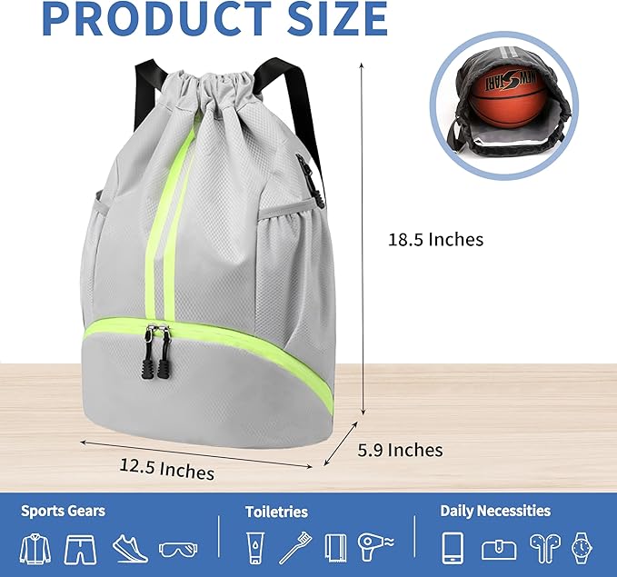 Drawstring Backpack Gym Bag with Shoes Compartment for Soccer, Basketball, Swim, Water-Resistant String Backpack Beach Cinch for Women Men, Grey