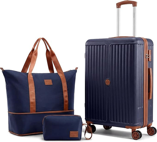 Hoteel Luggage Sets 3 Piece ABS+PC Hardside, 4-Year Warranty, Luggage Set with Spinner Wheels, TSA Lock, Lightweight Carry on Luggage, 20" Suitcase with Duffel & Organizer, Dark Blue