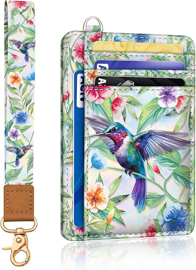 Yonlevres Hummingbird RFID Wristlet Wallet for Women Slim, Small Credit Card Holder Front Pocket Keychain Lanyard, Travel Cute Thin ID Window PU Leather Mini Organizer Case Purse Woman Gifts Ladies