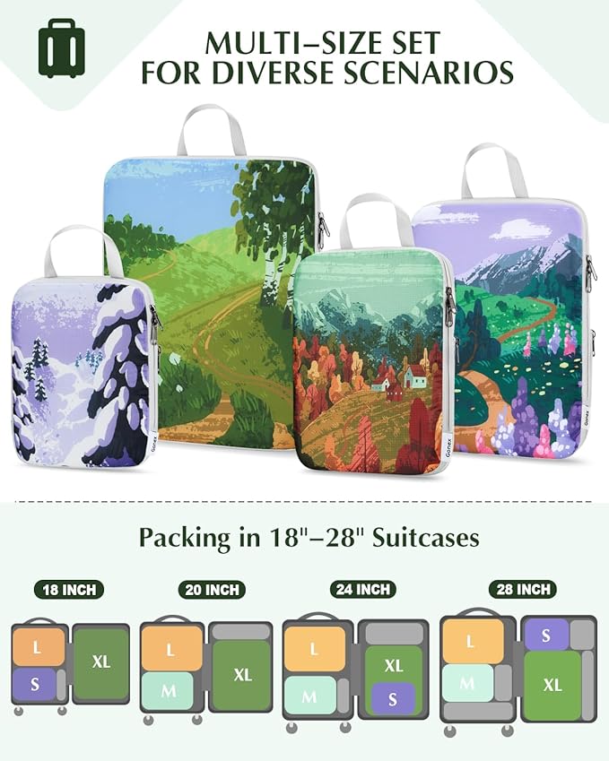 Gonex Compression Packing Cubes, 4pcs Expandable Storage Travel Luggage Bags Organizers, Travel Cubes for Suitcase Carry On (Seasons)