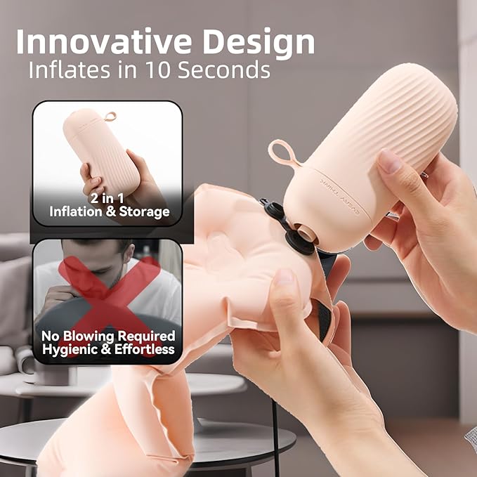 Inflatable Travel Pillow - Travel Pillow for Long Flight, Inflatable Neck Pillow for Traveling, Pocket Blow Up Pillow for Airplane, Bus, Train, Car, Office, Home (Pink)
