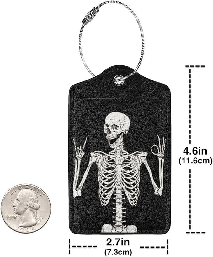 Skull Rock Roll 2 Pack Luggage Tag for suitcases skeleton Travel PU Cute Leather Luggage Tag Name ID Labels with Privacy Cover Suitcases Women Men Girls Boys Fun Laggage Tags (skeleton)
