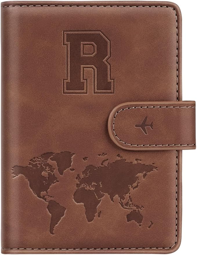 Passport Holder Wallet Cover Personalized Letter A-Z Travel Wallet RFID Blocking Passport Cover Wallet Case for Travel Passport Book Holders for Women and Men, Brown-R