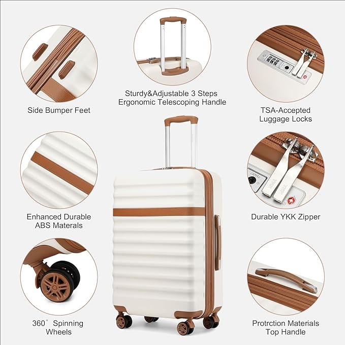 Kono Medium Sized Checked Luggage, 24 Inch Expandable with Spinner Wheels, TSA Lock, ABS + PC Lightweight Travel Suitcase with Larger Capacity and Lighter Weight, Cream Brown