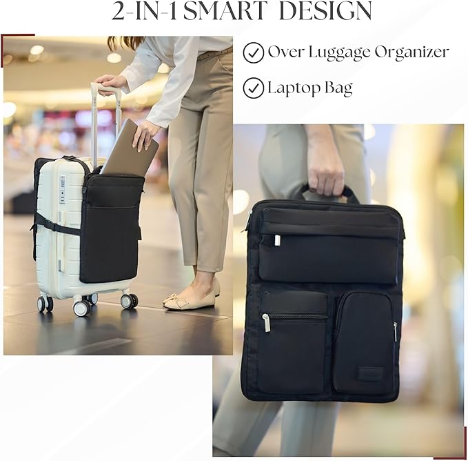 BAREFOOT CARIBOU Over Luggage Organizer for Carry On Bag or Suitcase with Storage Pockets, 16” Laptop Sleeve with Handle, Travel Accessories Bag Slide On Luggage Harness with Adjustable Straps (Black)