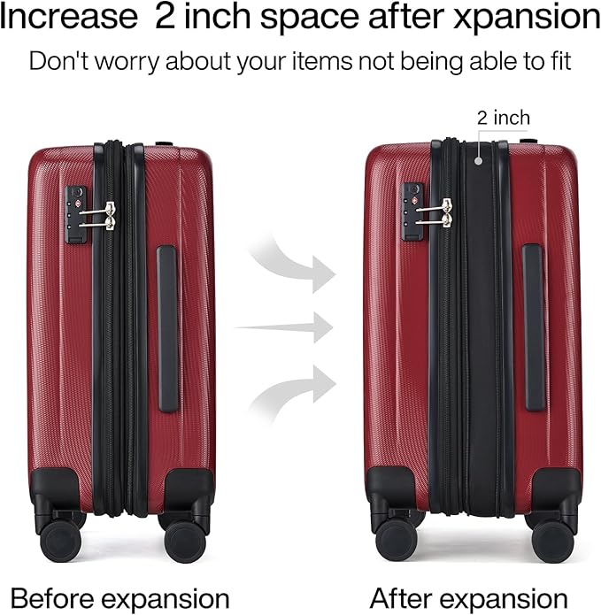 Hanke 20 Inch Expandable Carry on Luggage 22x14x9 Airline Approved Lightweight PC Hard Shell Suitcases with Wheels Tsa Luggage Rolling Suitcase Travel Luggage Bag for Weekender(Burgundy)