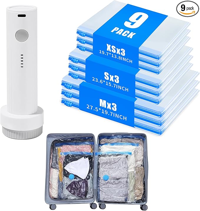 Vacuum Storage Bags for Travel - 9 Pack Compression Packing with Wireless Electric Pump for Luggage Vacuum Seal Bags for Clothes Suitcase Space Saver Organizer 3 XSmall/3 Small/3 Medium