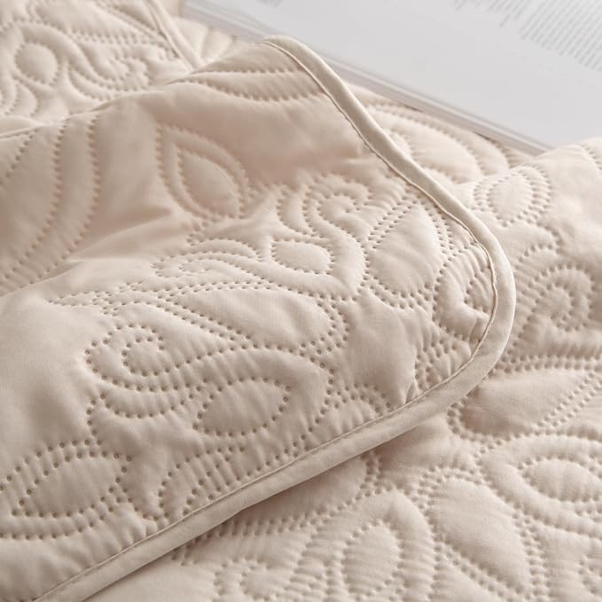 Whale Flotilla Queen Quilt Bedding Set Vintage Damask Reversible Bedspread | Suitable for Bed, 3 Pieces Brich Beige Lightweight Breathable Quilts Queen Size, Ultrasonic Coverlet with 2 Pillow Shams
