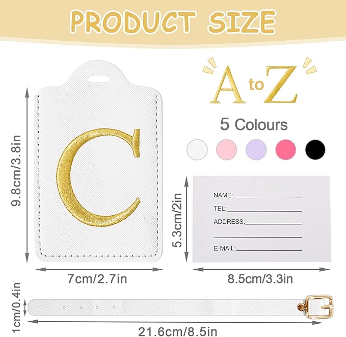 Initial Luggage Tags for Suitcases, Cute Embroidered Letter Luggage Bag Suitcase Identifier Name Baggage Tag, PU Leather Travel Luggage Tags, Bag Tags for Men Women Kids Luggage Handbags(White C)