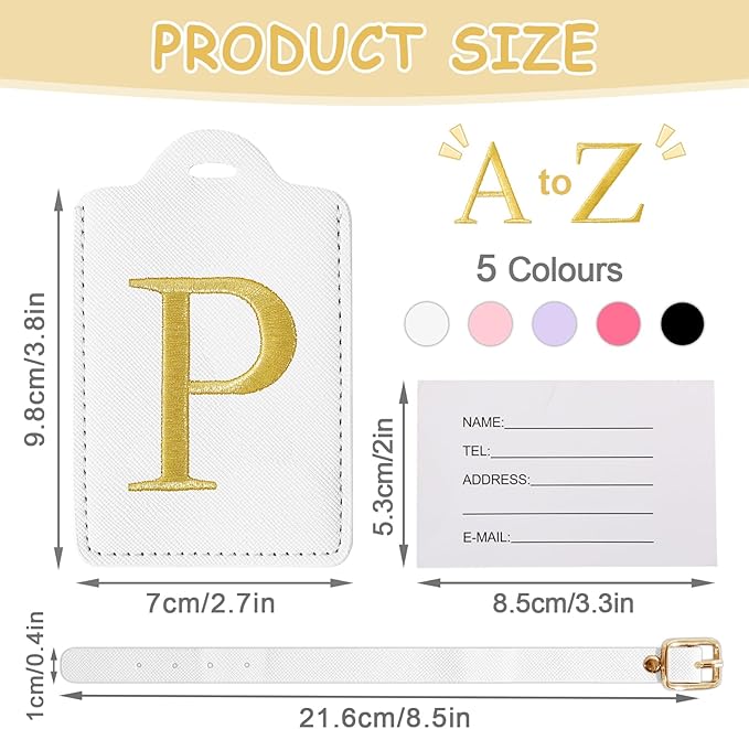 Initial Letter Luggage Tags for Suitcases, Personalized Embroidered Letter Luggage Bag Suitcase Identifier Name Tag, Cute PU Leather Travel Luggage Tags, Bag Tags for Luggage Handbags(White P)