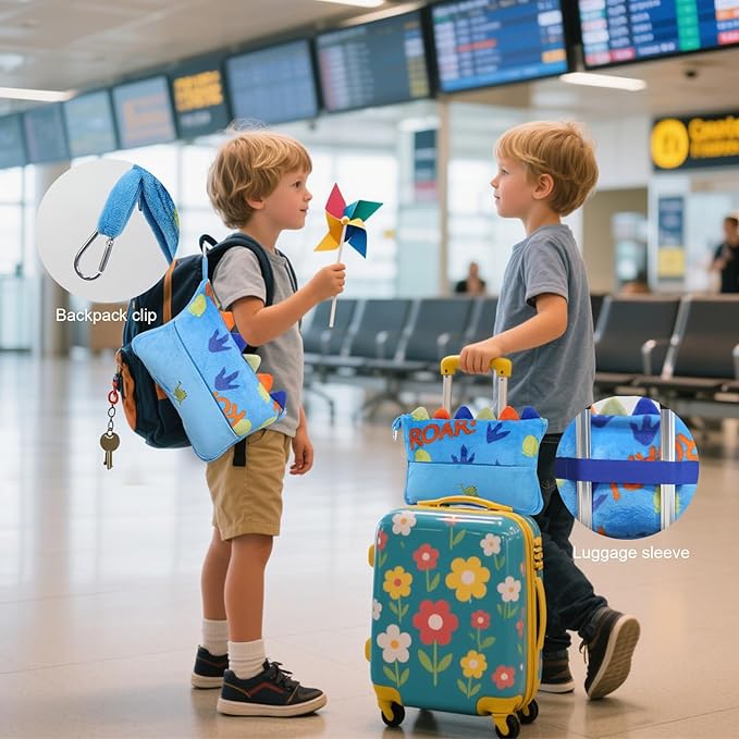 3 in 1 Travel Pillow and Blanket Set for Kids,Soft Travel Blanket Airplane Campact with Bag,Pillow Blanket for Boys with a Pocket,Backpack Clip, Luggage Sleeve (Dinosaur)