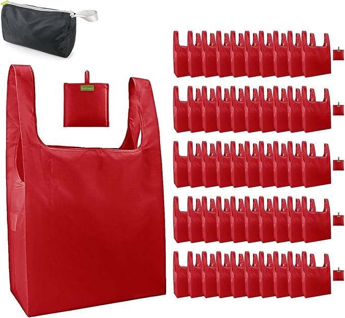 BeeGreen Christmas Red Reusable Grocery Bags Wholesale Red Reusable Kitchen Bags Bulk Foldable-Machine Washable with Zipper Storage Pouch 50 Packs
