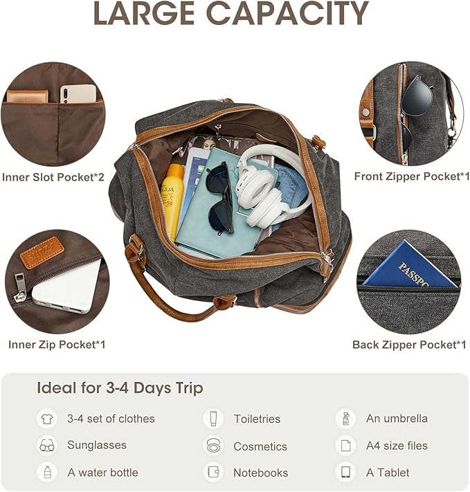 S-ZONE Weekender Bag for Men Canvas Duffle Large Weekend Overnight Travel Carry On Tote Bag with Shoe Compartment Black