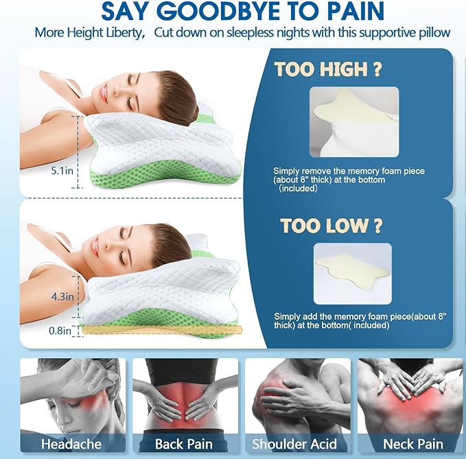 Memory Foam Pillows, Cervical Pillow for Neck and Shoulder Pain Relief, Ergonomic Contour Bed Pillow, Soft for Side Sleep Stomach Sleeping and Back Sleeper-Queen Size&Green