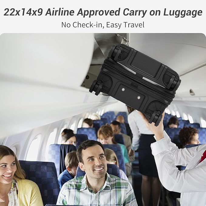 Kono Carry On Luggage 20 Inch Expandable 22x14x9 Airline Approved Hard Shell Travel Trolley 4 Spinner Wheels Lightweight Polypropylene Suitcase with TSA Lock, Black