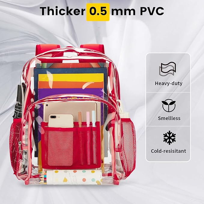 Vorspack Clear Backpack Heavy Duty PVC Transparent Backpack with Reinforced Strap Stitches & Large Capacity for College Workplace Security - Red