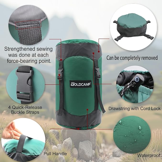 GoldCamp Compression Sack, 40% More Storage! 18L/30L/43L/49L/65L Compression Stuff Sack, Waterproof & Ultralight Sleeping Bag Stuff Sack - Space Saving Gear for Camping, Hiking (Green, XXXL) ASIN