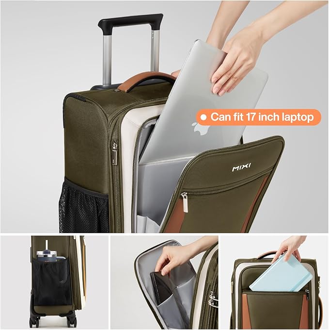 mixi Carry On Luggage 20 Inch Softside Expandable Suitcase with Front Pocket, 22x14x9 Airline Approved Rolling Lightweight Travel Suitcases with Wheels & TSA (Tea Brown-Off White)