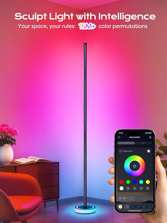 Smart Corner Floor Lamp, RGBICW LED Standing Lamp with App Control, 16 Million Colors with Music Sync, Dimmable Ambient Light for Bedroom, Living Room, Home Decor (Black)