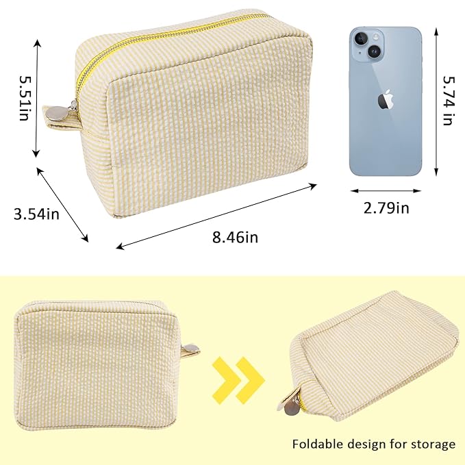 GFU Cosmetic Bags for Women, Seersucker Cosmetic Bag, Travel Toiletry Stripe Makeup Bag, Large Women Aesthetic Organizer Storage Pouch, Girls Handbags Purses, Yellow