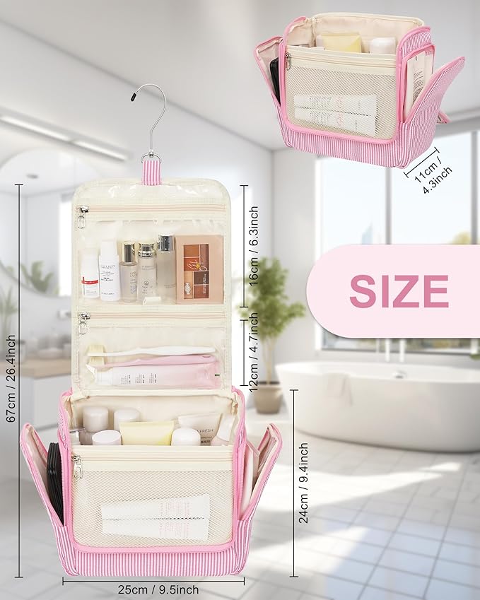 Relavel Hanging Toiletry Bag for Women, Travel Makeup Bag Cosmetic Organizer Toiletries Shower Bag for Travel Essentials, Accessories, Cute Gifts for Girls, Pink