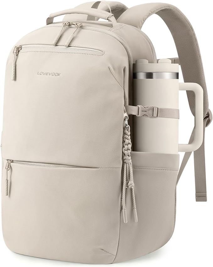 LOVEVOOK Laptop Backpack for Women with Giant Tumbler Holder - 15.6Inch Work Computer Travel Backpack with Laptop Compartment, Water Resistant, Cute Commuter College Teacher Nurse Purse Bag, Khaki