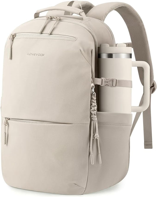 LOVEVOOK Laptop Backpack for Women with Giant Tumbler Holder - 15.6Inch Work Computer Travel Backpack with Laptop Compartment, Water Resistant, Cute Commuter College Teacher Nurse Purse Bag, Khaki