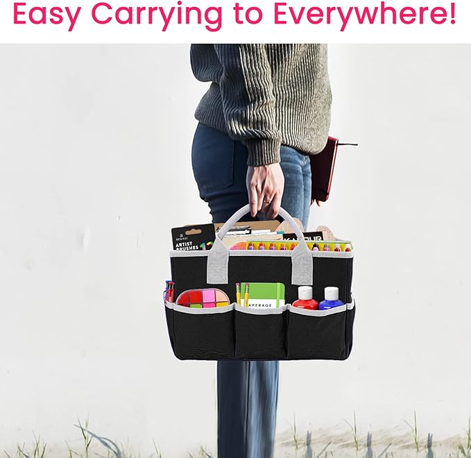 Godery Desktop Tote and Stock Organizer, Teacher Helper Tote Bag Organization for Arts, Books, Stationery, Office Desk Organizer, Make-up Storage Tote with Handles for Travel, Black