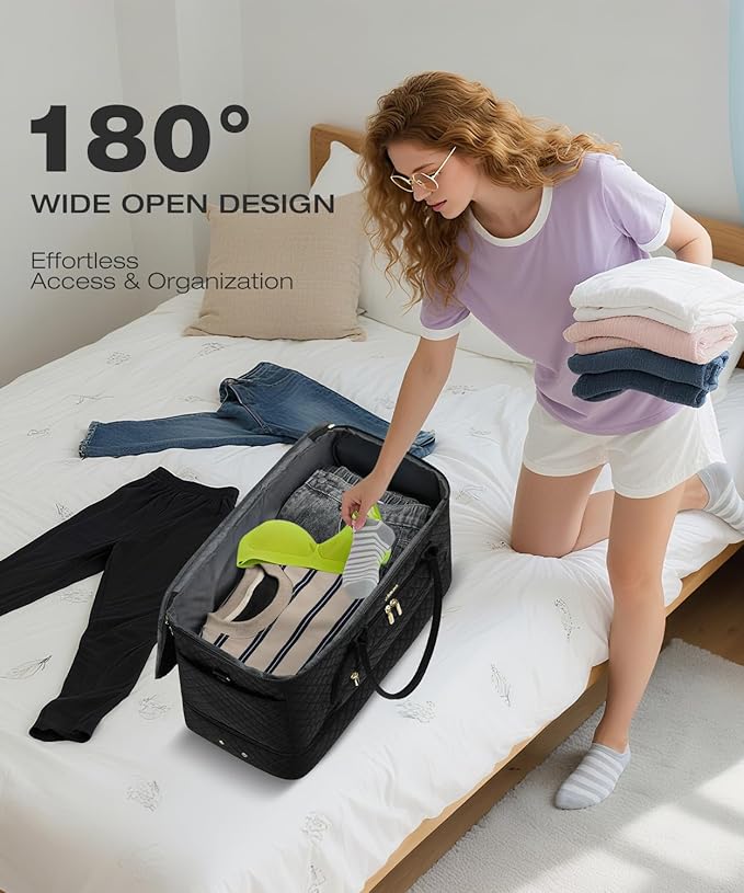Travel Duffle Bag, Wide Open Large Weekender Bag for Women with Shoe Compartment, Carry on Overnight Bags with Toiletry Bag, Hospital Bag for Women Labor Delivery with Wet Pocket (Black)