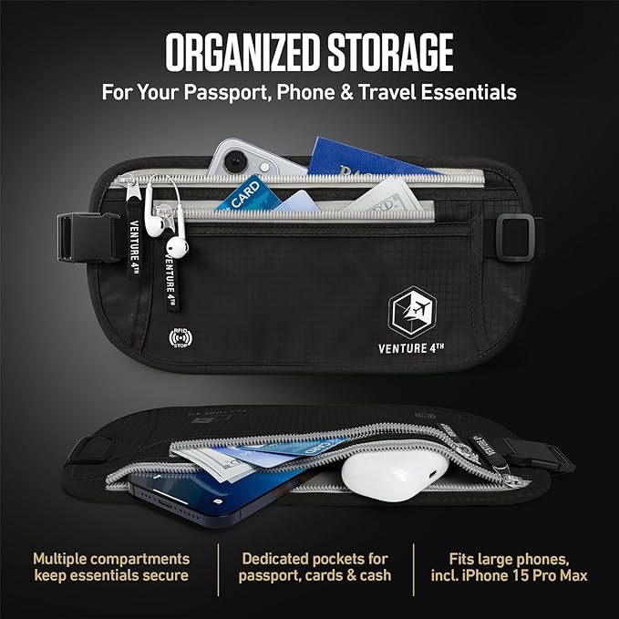 VENTURE 4TH Money Belt for Travel – Hidden Under-Clothes RFID Blocking Passport Holder & Slim Travel Wallet Pouch for Men & Women to Protect Cash, Cards & Documents (Black)