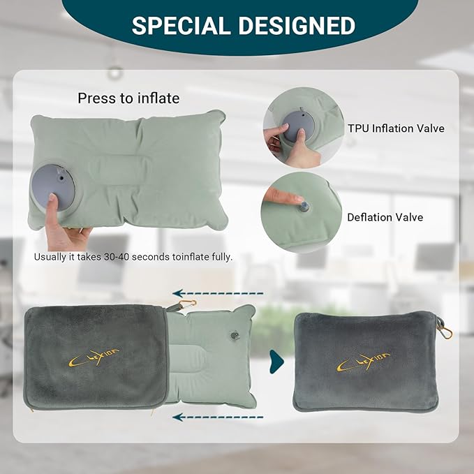 Travel Blanket and Pillow Set for Airplane, 300 GSM Soft Fleece Compact Travel Blanket with Inflatable Pillow and Carry Bag, 60x43 Inches, Grey