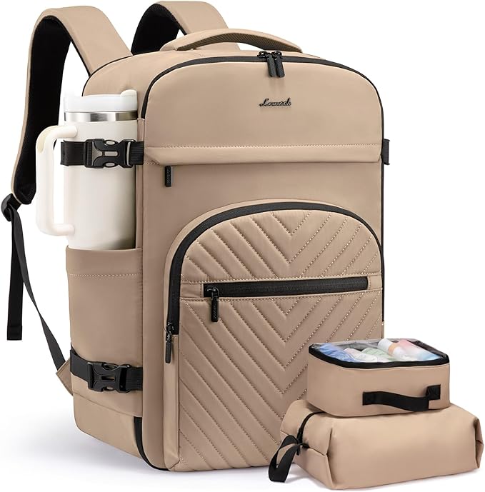 LOVEVOOK 40L Travel Backpack for Women Men, TSA Personal Item Travel Bag Fits 17.3inch Laptop, Waterproof Airline Approved Carry On Luggage With 2 Cubes for Weekender Hiking Business, Khaki