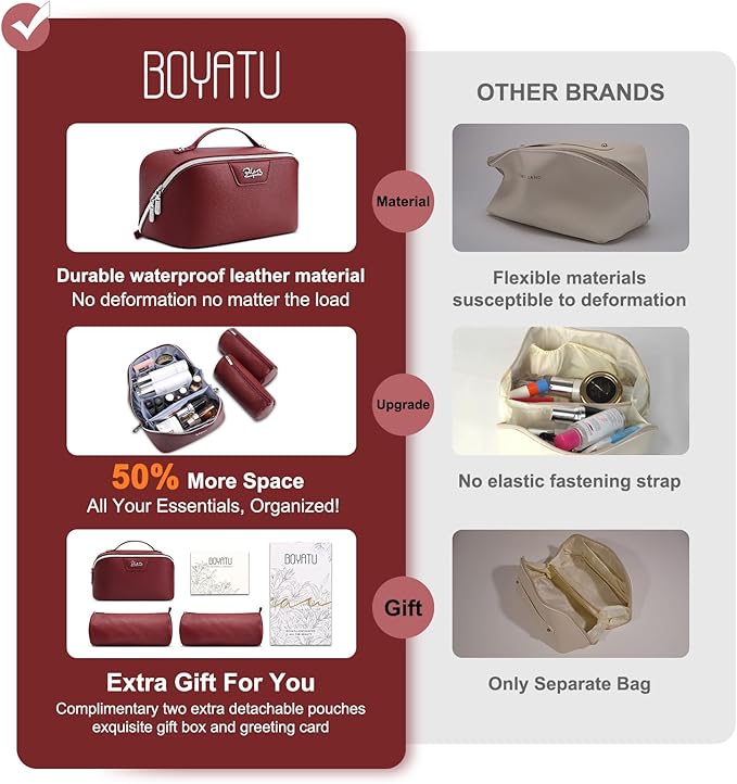 BOYATU Travel Makeup Bag Cosmetic Bags for Women: Large Capacity 3 Pcs Set Make up Bag with Compartments - Waterproof Vegan Leather Toiletry Organizer Bags with Handle (L29Red)