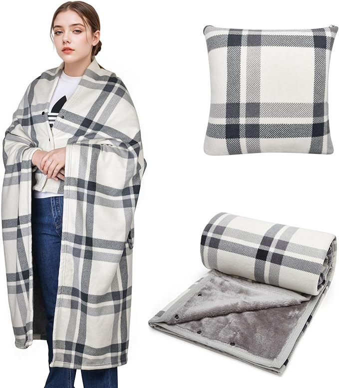 forestfish Wearable Blanket Compact Pillow 2-in-1, Lap Blanket Poncho with Button Plaid Throw Cushion for Home Office Sofa