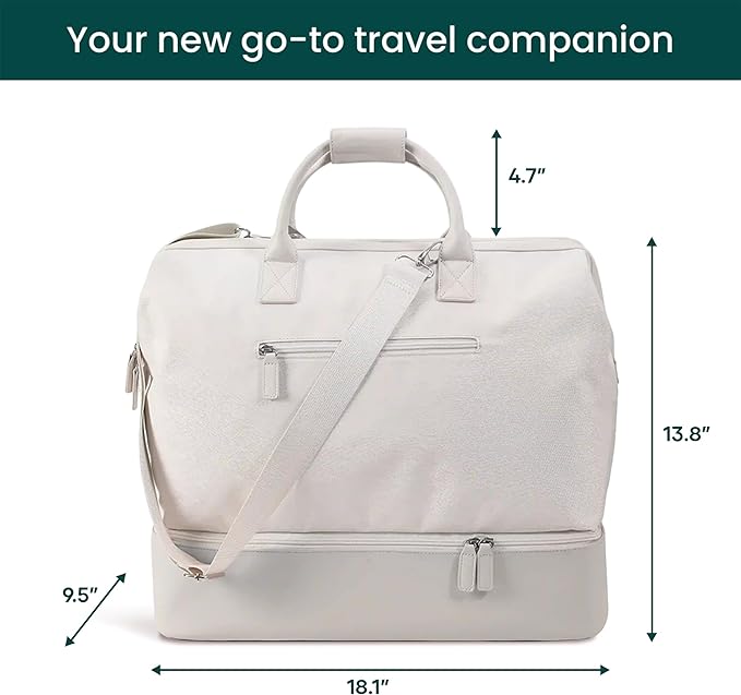Nobl Travel Weekender Bag for Women & Men, Large Duffel Carry-On Tote with Trolley Sleeve, Separate Shoe Compartment & Laptop Pocket, Leather Overnight Bag for Airplane, Gym, Road Trips - Sand