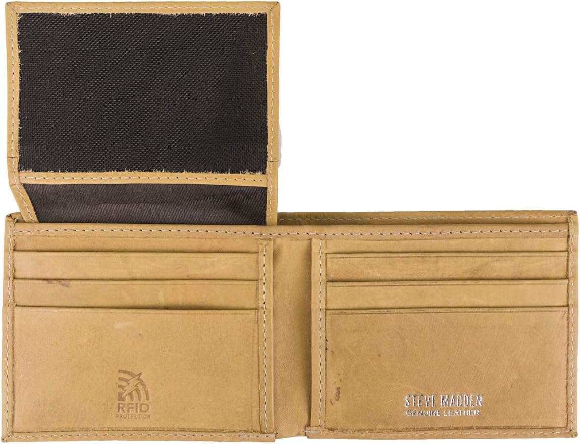 Steve Madden Men's Slim Leather Wallet with Extra Capacity Attached Flip Pockets