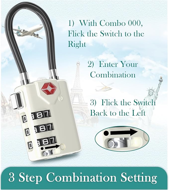 Search Alert TSA Approved Travel Combination Luggage Cable Locks for Suitcase, Gym Locker,Toolbox,Backpack 1,2,4,6 &10 pk (White 4 Pack)