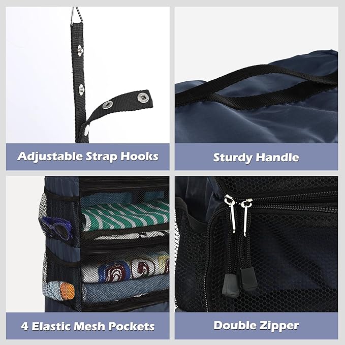 Surblue Travel Hanging Luggage Organizer Portable Suitcase Closet Organizer Multiple Compartments Collapsible Compression Packing Cubes Shelf, Navy, S