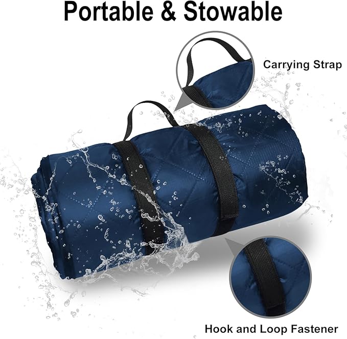 Waterproof Outdoor Blanket 82”X 55” Packable, Stadium Blankets for Camping with Sherpa Fleece Lining, Large Windproof Emergency Mat for Garss Picnic Hiking Road Trip, Machine Washable, Navy 300GSM