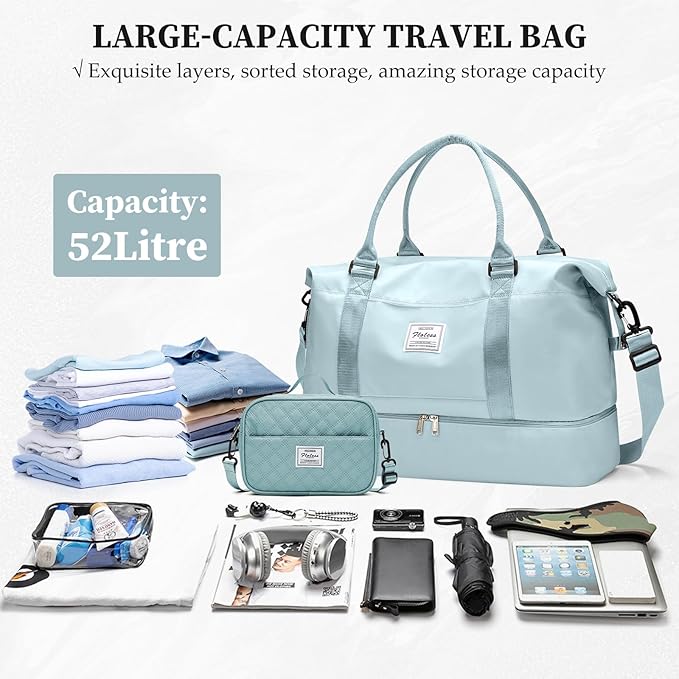 Weekender Bags for Women,Carry On Overnight Travel Duffel Bag with Shoes Compartment & Toiletry Bag,Extra Large,Light Blue
