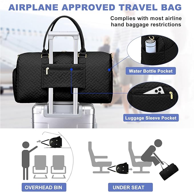 Women Weekender Travel Duffle Bag: Travel Duffel Overnight Bags with Shoe Compartment Large Carry on Tote with Toiletry Bag Weekend Traveling Yoga Gym Hospital Bag for Women with Wet Pocket Black