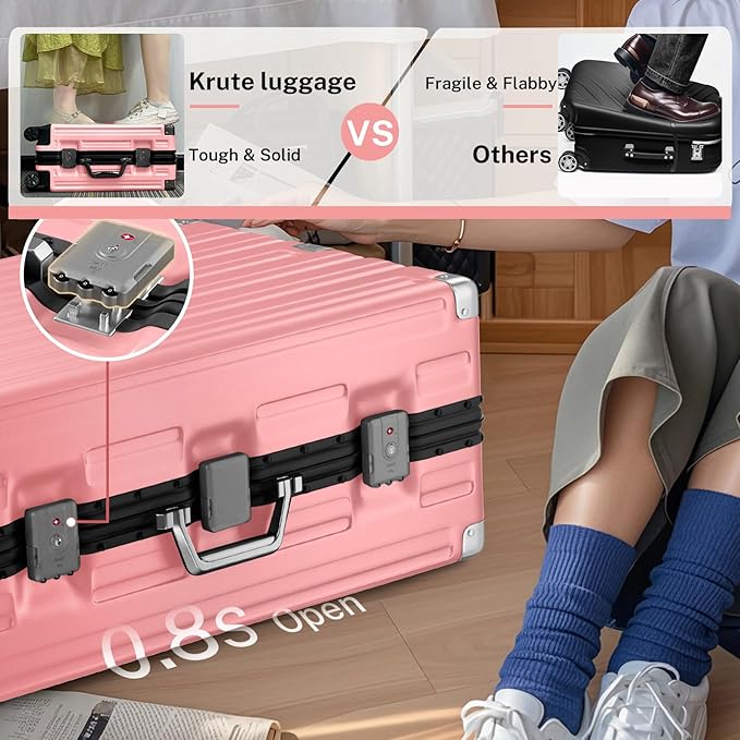 Krute Zipperless Luggage 24 Inch Aluminum Frame Suitcase with Spinner Wheels PC+ABS Hardide Checked Luggage TSA Approved