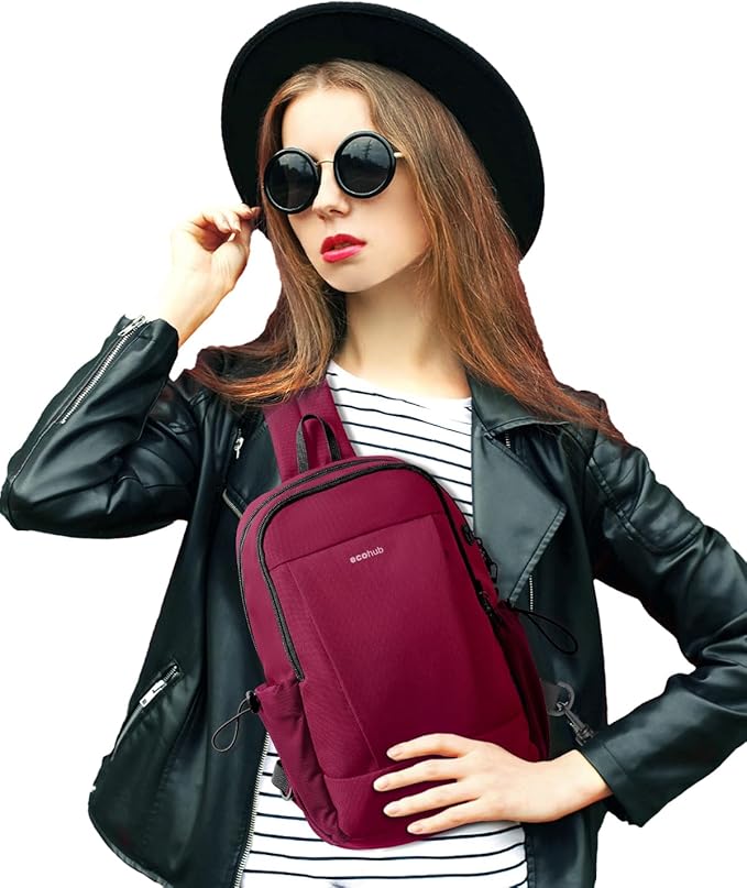 ECOHUB Anti-Theft Crossbody Bag Men Women, RFID Blocking Lightweight Sling Backpack Eco-Friendly with 9 Pockets Sturdy SBS Zippers Water Resistant for Travel Work Hiking Outdoor, Red