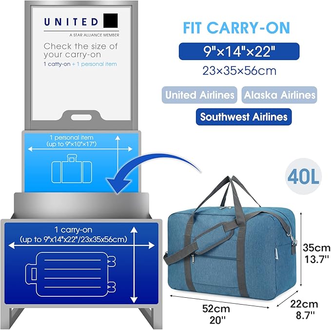 For United Airlines Foldable Carry on Bag 22x14x9 Travel Duffel Bag Packable luggage Duffle for Women and Men 40L (Navy Blue (With Shoulder Strap))